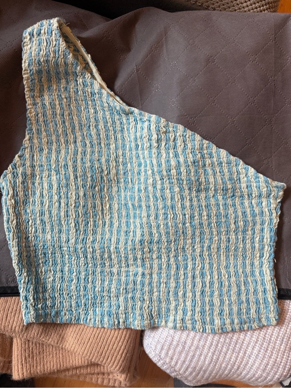 a new day Blue and Cream One-Shoulder Textured Crop Top